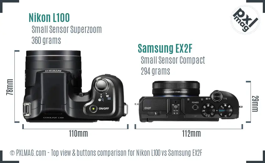 Nikon L100 vs Samsung EX2F top view buttons comparison