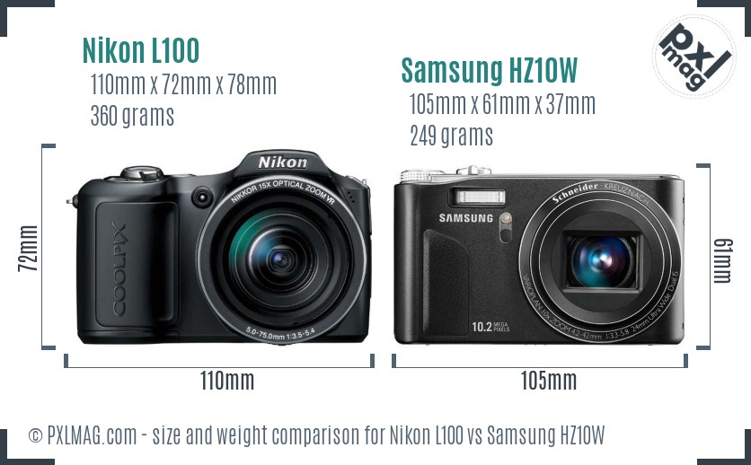 Nikon L100 vs Samsung HZ10W size comparison