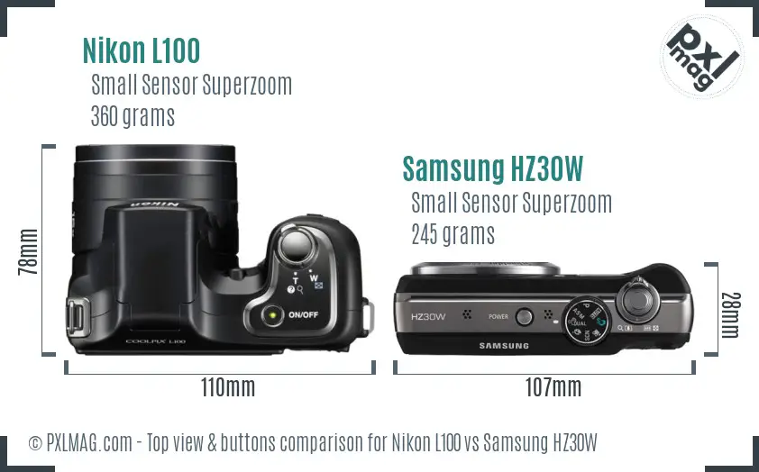 Nikon L100 vs Samsung HZ30W top view buttons comparison Nikon L100 vs Samsung HZ30W top view buttons comparison