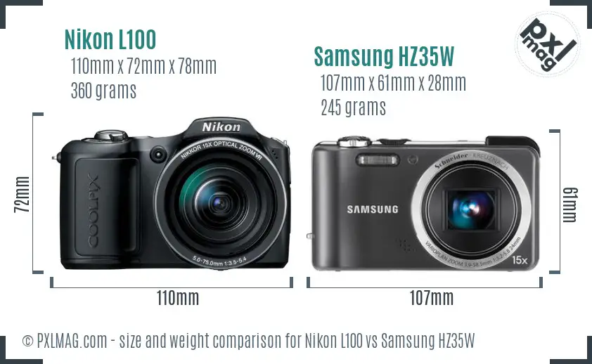 Nikon L100 vs Samsung HZ35W size comparison