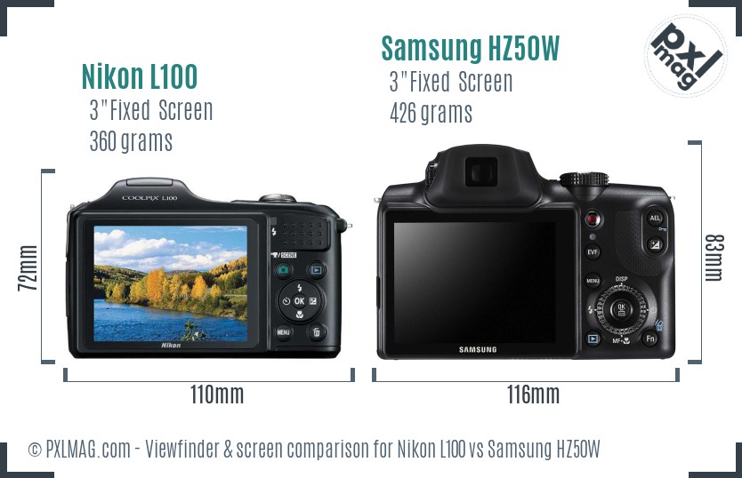 Nikon L100 vs Samsung HZ50W Screen and Viewfinder comparison