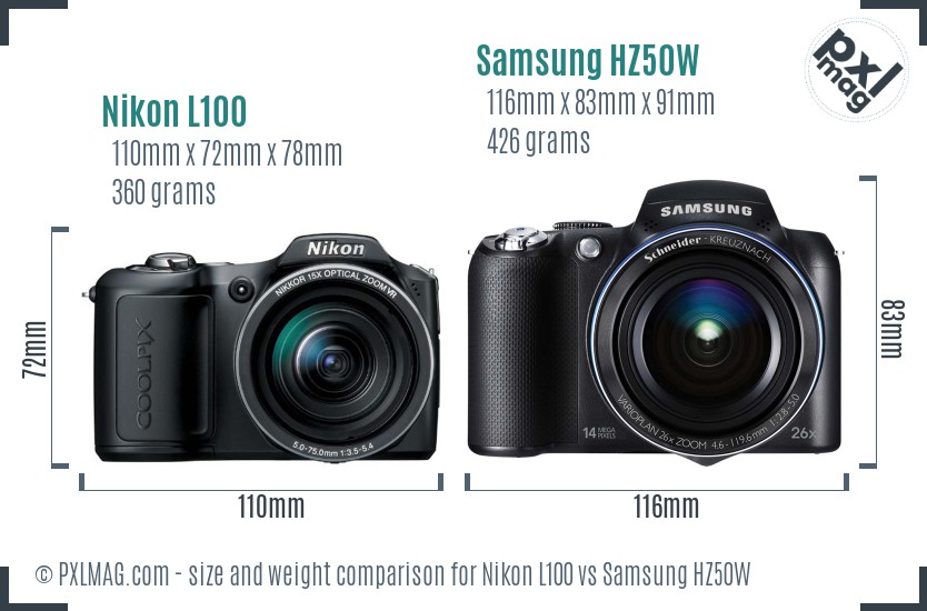 Nikon L100 vs Samsung HZ50W size comparison
