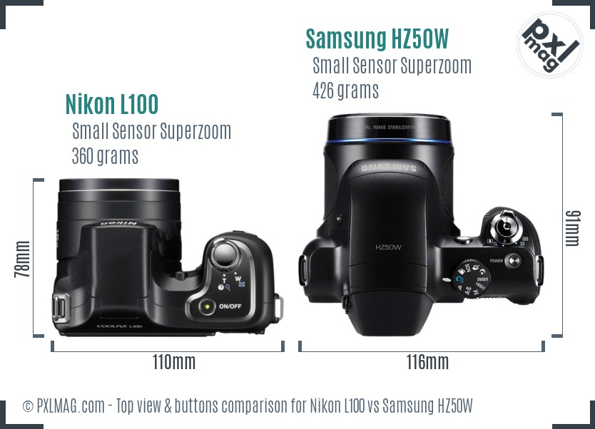 Nikon L100 vs Samsung HZ50W top view buttons comparison