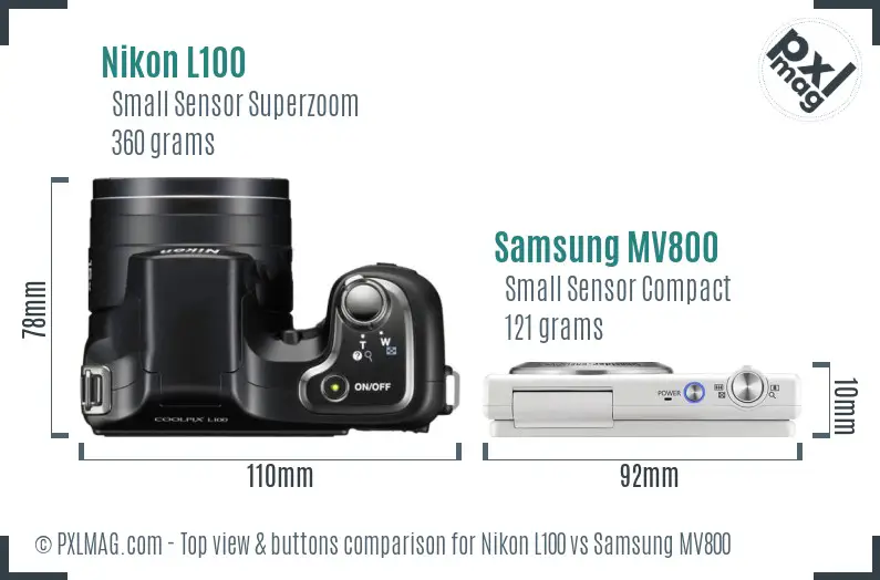 Nikon L100 vs Samsung MV800 top view buttons comparison Nikon L100 vs Samsung MV800 top view buttons comparison