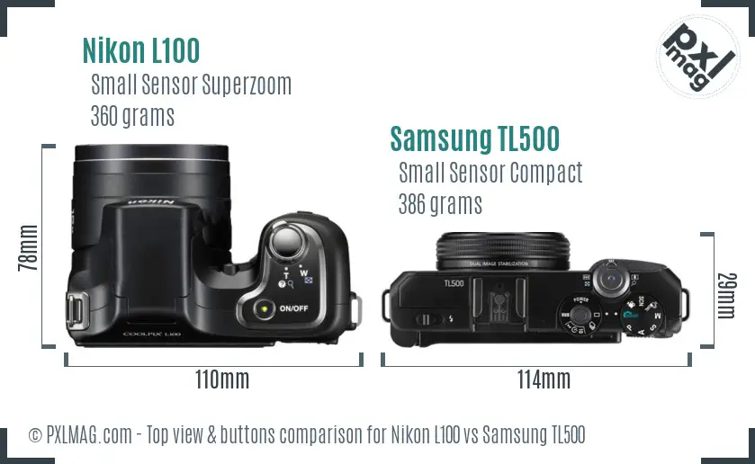 Nikon L100 vs Samsung TL500 top view buttons comparison