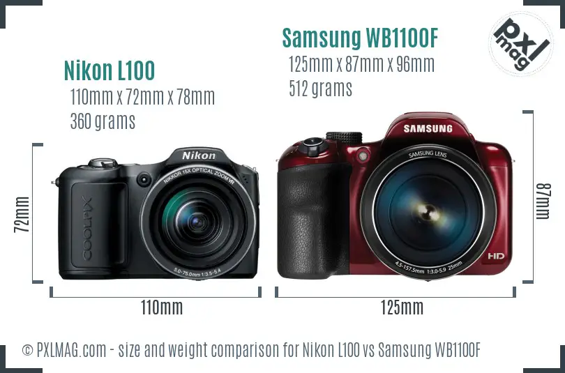 Nikon L100 vs Samsung WB1100F size comparison