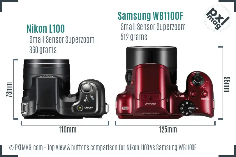 Nikon L100 vs Samsung WB1100F top view buttons comparison