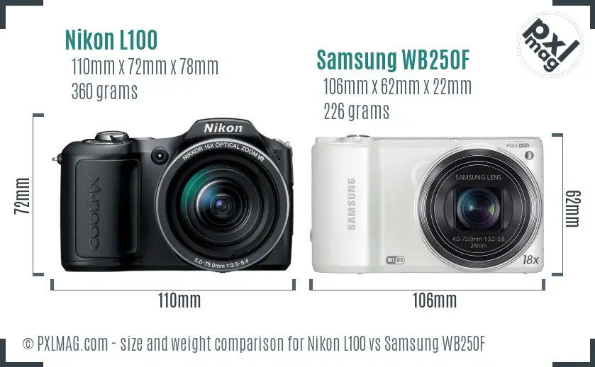 Nikon L100 vs Samsung WB250F size comparison