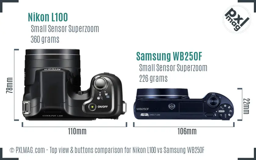 Nikon L100 vs Samsung WB250F top view buttons comparison