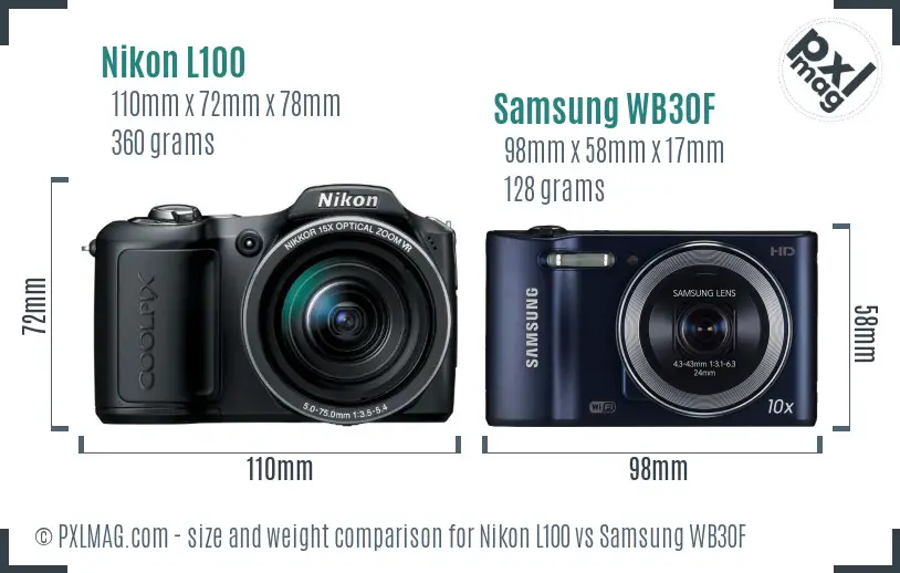 Nikon L100 vs Samsung WB30F size comparison