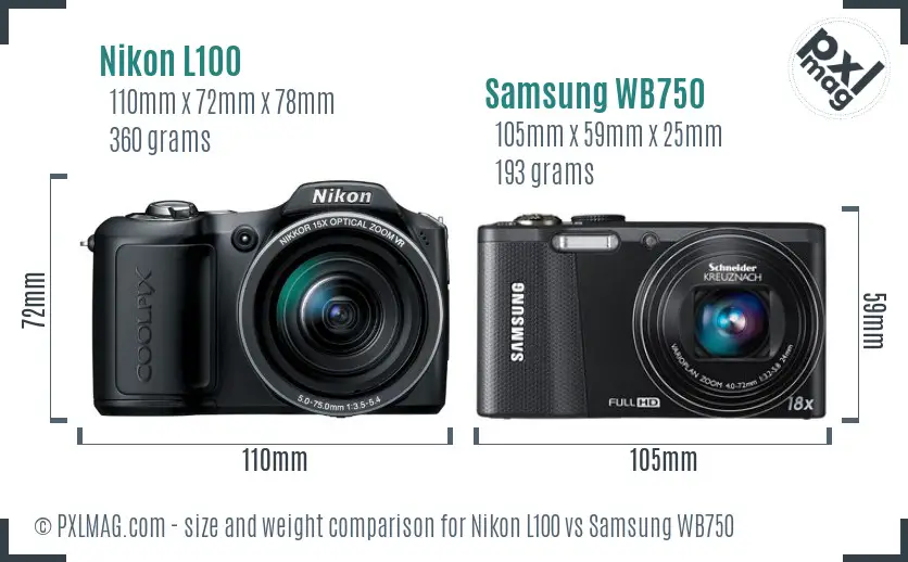 Nikon L100 vs Samsung WB750 size comparison