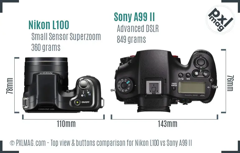 Nikon L100 vs Sony A99 II top view buttons comparison