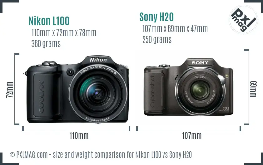 Nikon L100 vs Sony H20 size comparison
