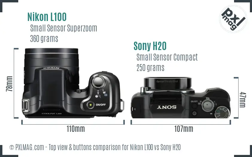 Nikon L100 vs Sony H20 top view buttons comparison