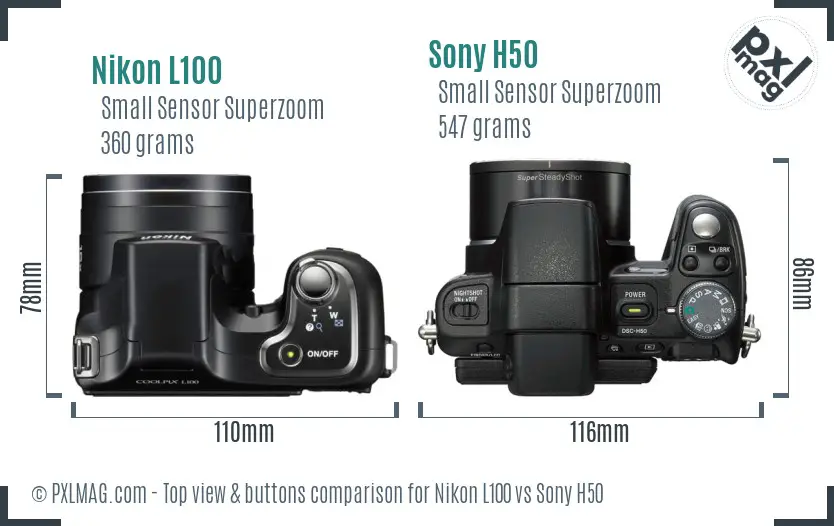 Nikon L100 vs Sony H50 top view buttons comparison Nikon L100 vs Sony H50 top view buttons comparison