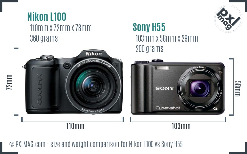 Nikon L100 vs Sony H55 size comparison