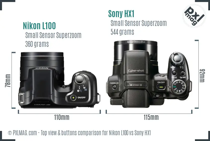 Nikon L100 vs Sony HX1 top view buttons comparison