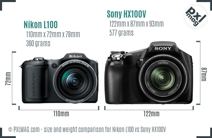 Nikon L100 vs Sony HX100V size comparison