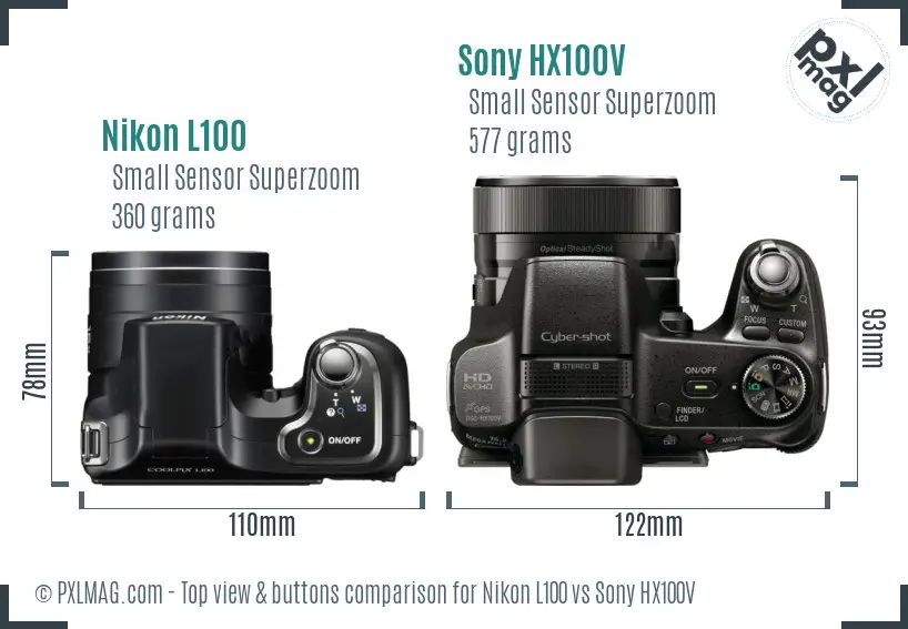 Nikon L100 vs Sony HX100V top view buttons comparison