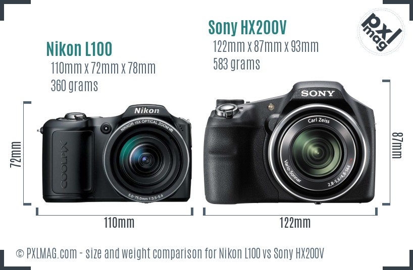Nikon L100 vs Sony HX200V size comparison