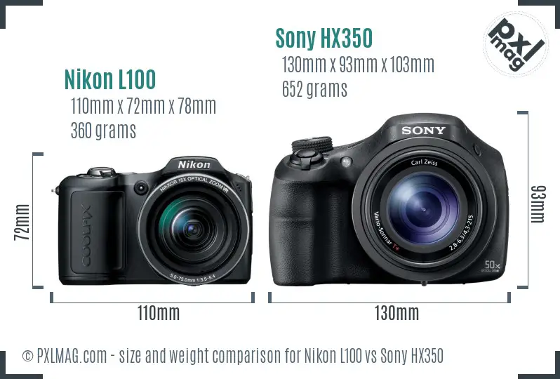 Nikon L100 vs Sony HX350 size comparison