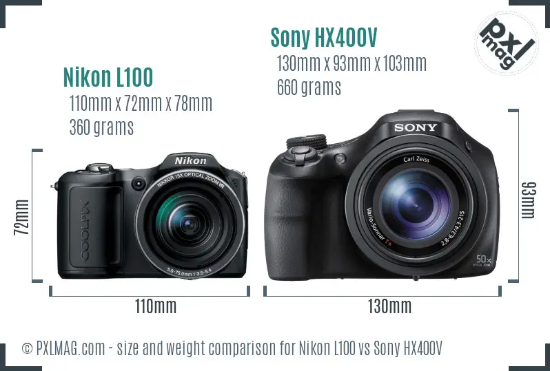 Nikon L100 vs Sony HX400V size comparison
