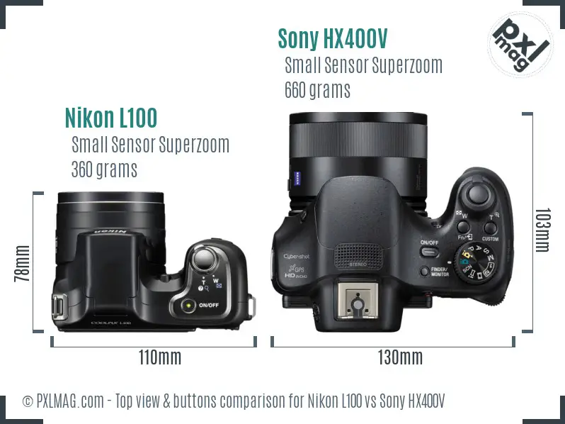 Nikon L100 vs Sony HX400V top view buttons comparison
