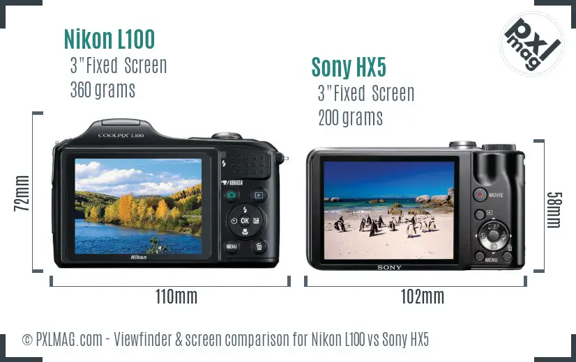 Nikon L100 vs Sony HX5 Screen and Viewfinder comparison