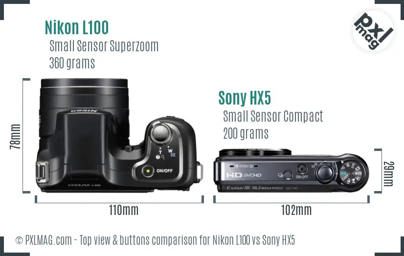 Nikon L100 vs Sony HX5 top view buttons comparison