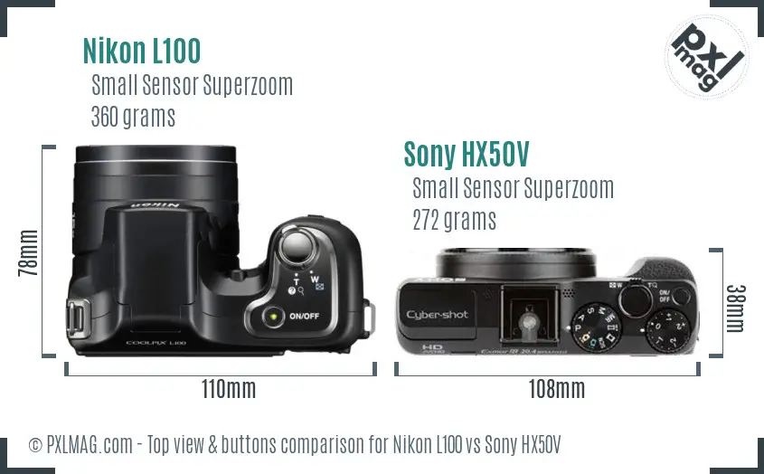 Nikon L100 vs Sony HX50V top view buttons comparison