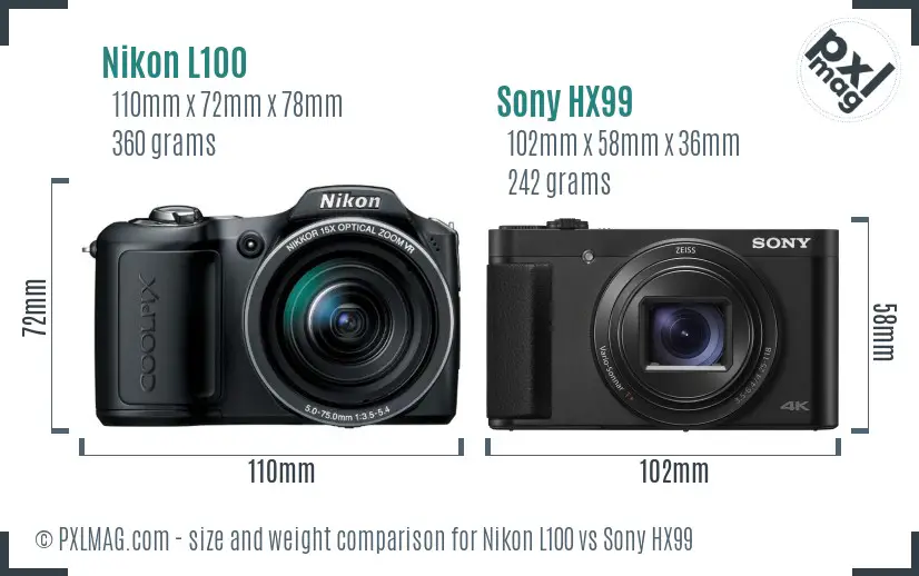 Nikon L100 vs Sony HX99 size comparison