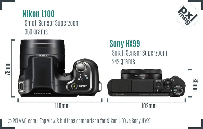 Nikon L100 vs Sony HX99 top view buttons comparison