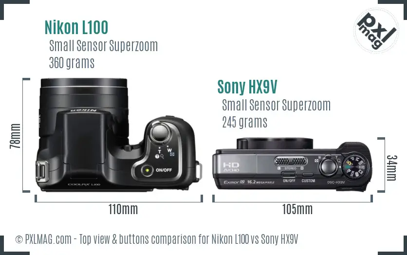 Nikon L100 vs Sony HX9V top view buttons comparison