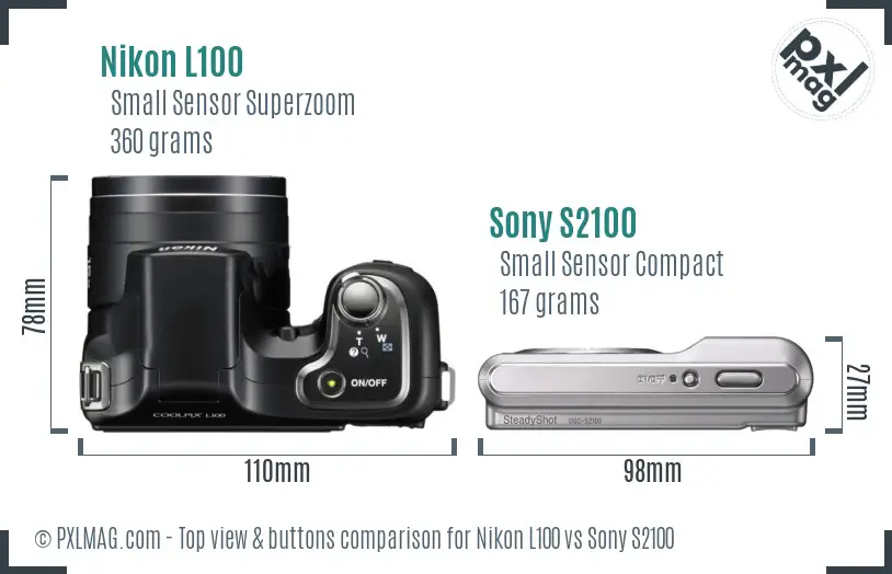 Nikon L100 vs Sony S2100 top view buttons comparison