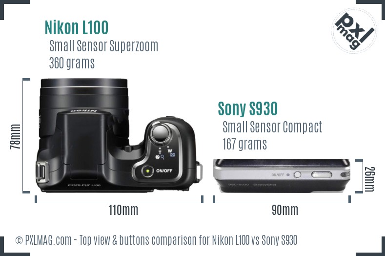 Nikon L100 vs Sony S930 top view buttons comparison