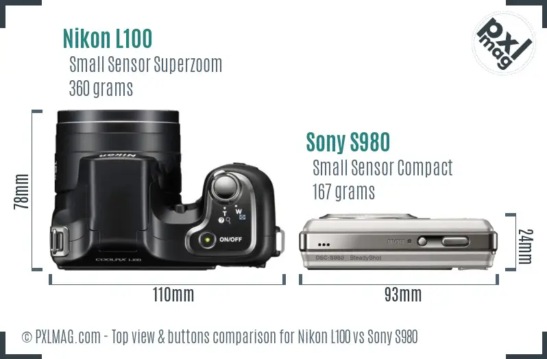 Nikon L100 vs Sony S980 top view buttons comparison Nikon L100 vs Sony S980 top view buttons comparison
