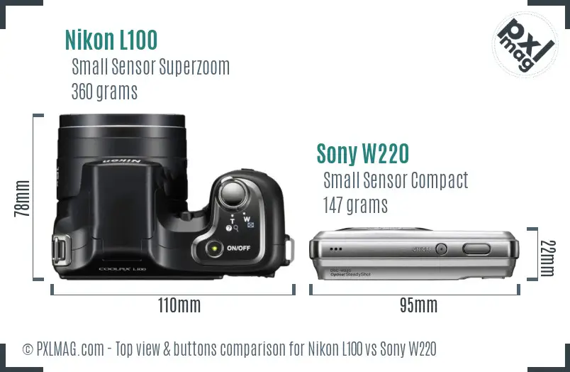 Nikon L100 vs Sony W220 top view buttons comparison