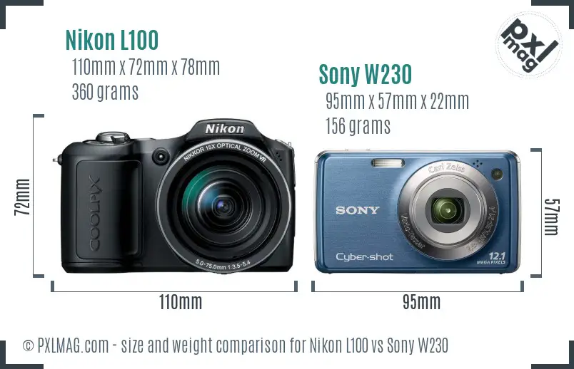 Nikon L100 vs Sony W230 size comparison