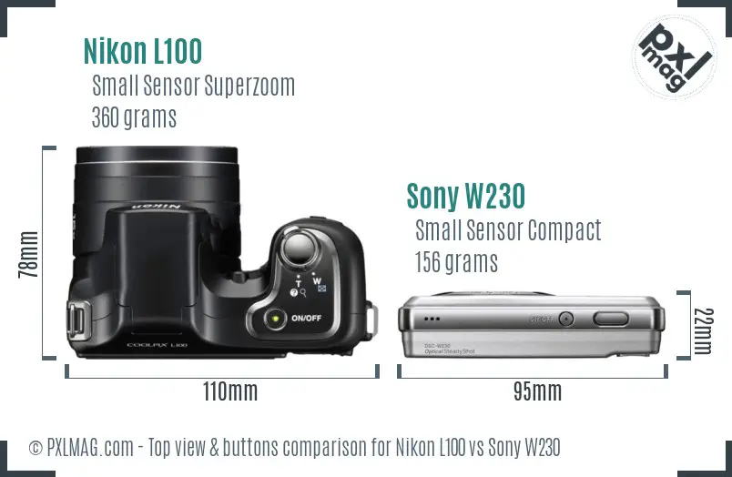 Nikon L100 vs Sony W230 top view buttons comparison