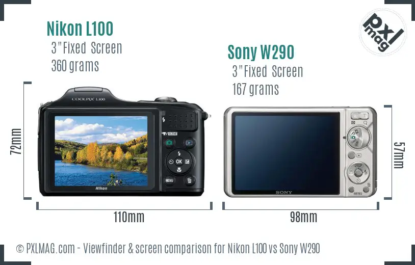 Nikon L100 vs Sony W290 Screen and Viewfinder comparison