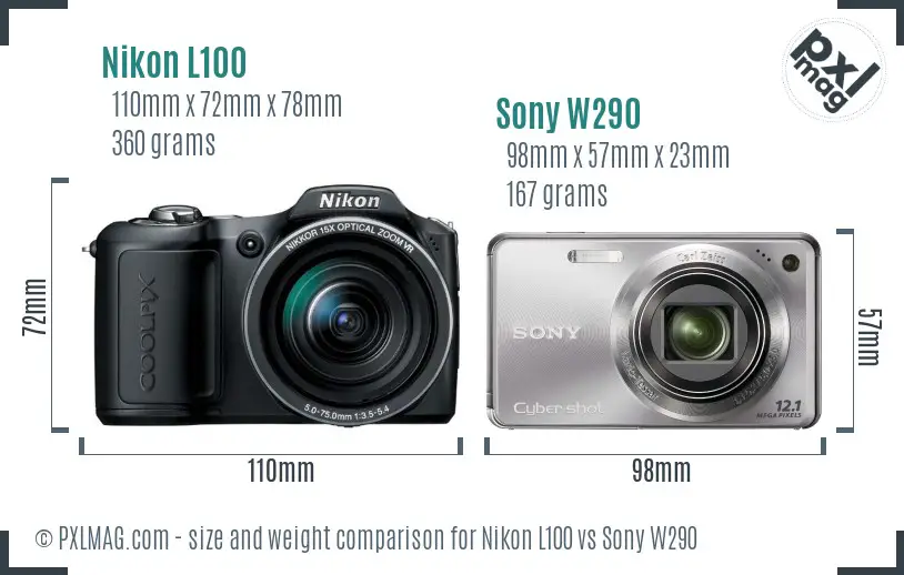 Nikon L100 vs Sony W290 size comparison