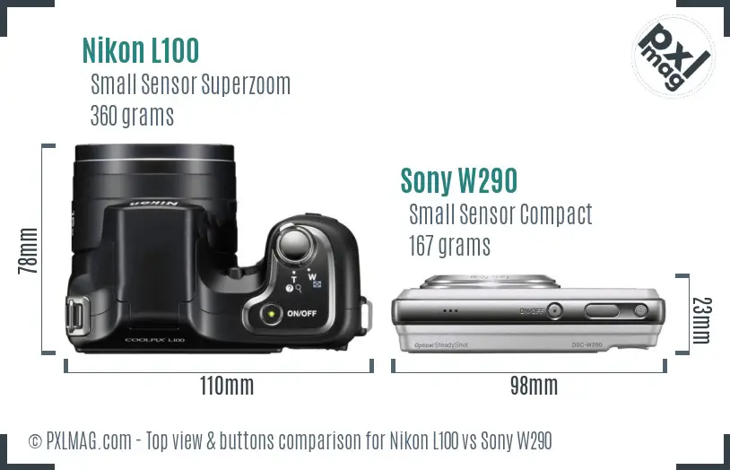 Nikon L100 vs Sony W290 top view buttons comparison