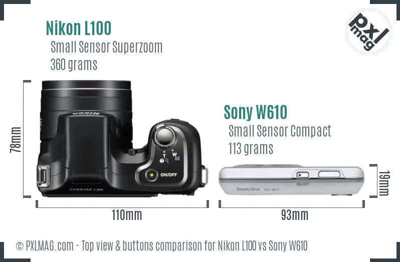 Nikon L100 vs Sony W610 top view buttons comparison Nikon L100 vs Sony W610 top view buttons comparison