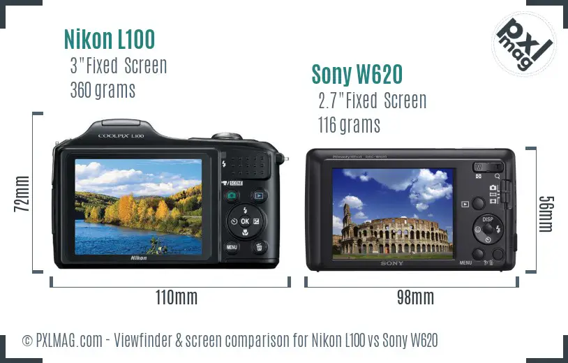 Nikon L100 vs Sony W620 Screen and Viewfinder comparison