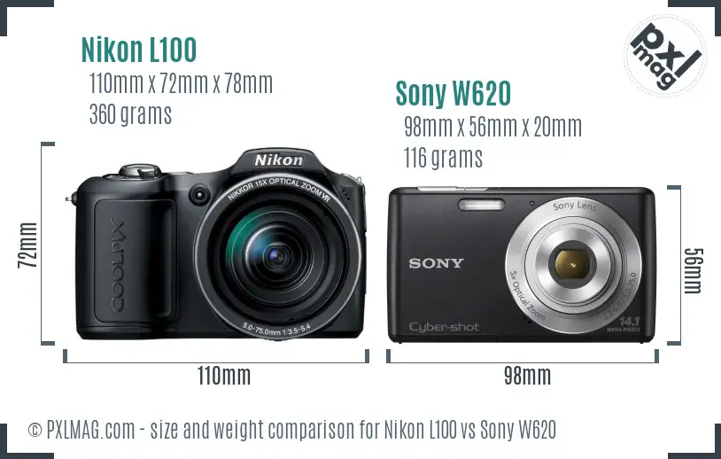 Nikon L100 vs Sony W620 size comparison