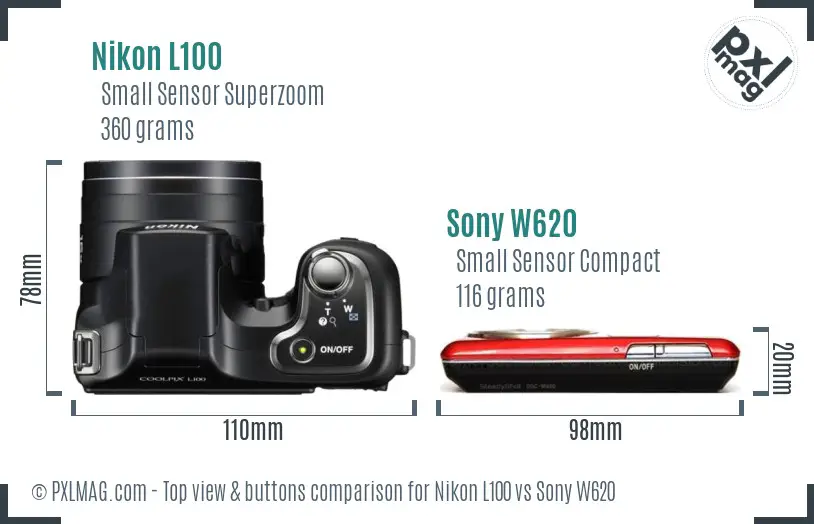 Nikon L100 vs Sony W620 top view buttons comparison