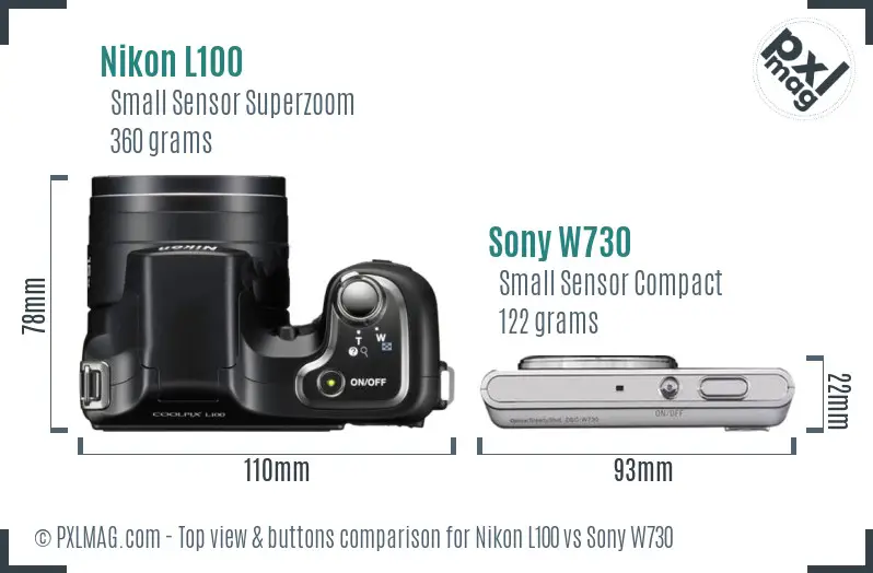 Nikon L100 vs Sony W730 top view buttons comparison Nikon L100 vs Sony W730 top view buttons comparison