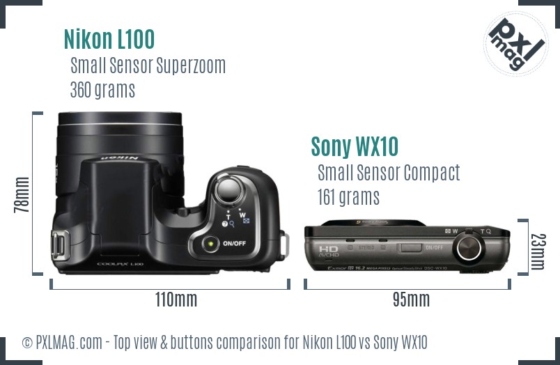 Nikon L100 vs Sony WX10 top view buttons comparison