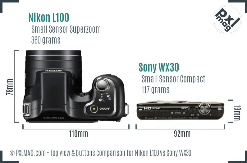 Nikon L100 vs Sony WX30 top view buttons comparison