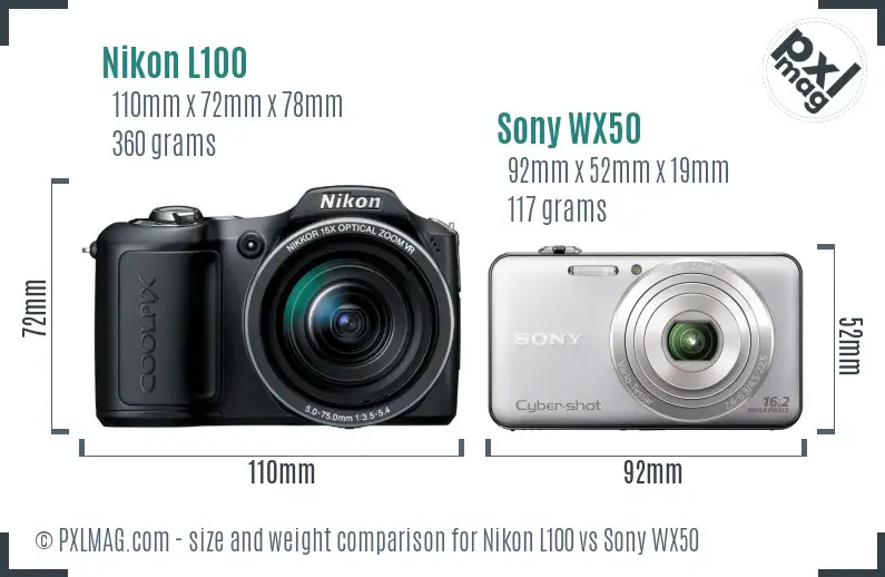 Nikon L100 vs Sony WX50 size comparison